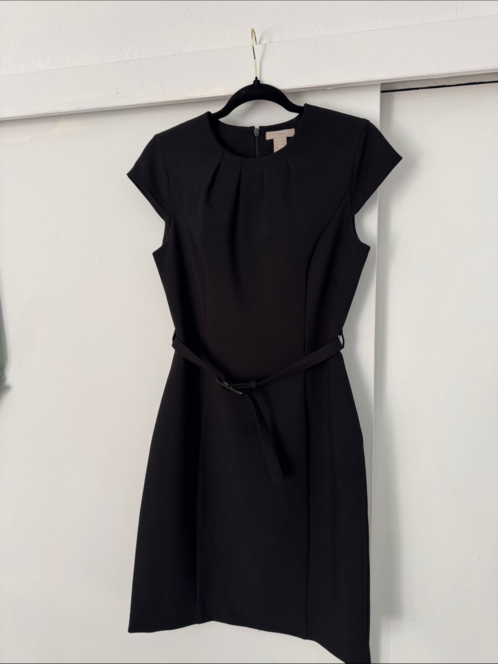 H&M Black Cap-Sleeve Belted Mini Dress
